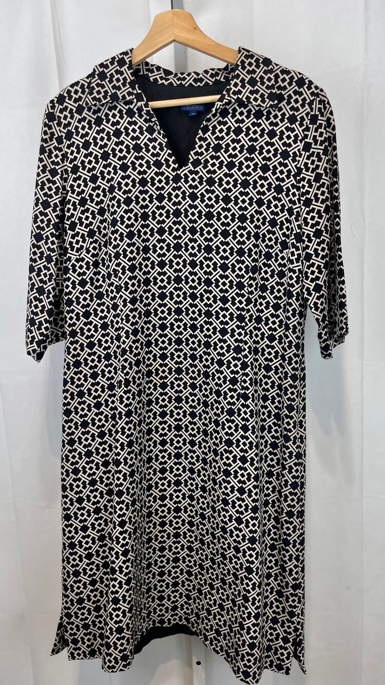 J. MCLAUGHLIN Geometric Shift Dress Collared 3/4 Sleeve Silk Wool Black Beige 14